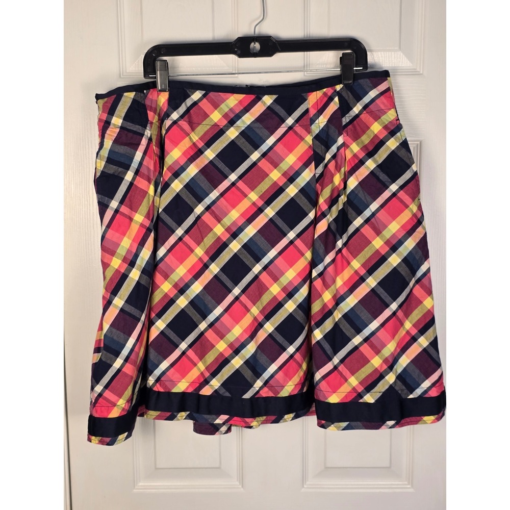 LL Bean Womens Size 18 Pink Navy Plaid Cotton Lined A-Line Knee Length Skirt